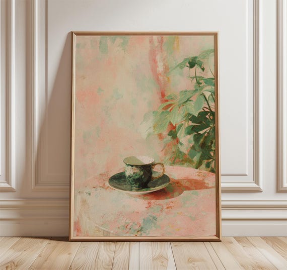 Vintage Tea Cup Poster Soft Pastel Kitchen Wall Art Print Impressionist Still Life Painting Elegant Botanical Decor For Home