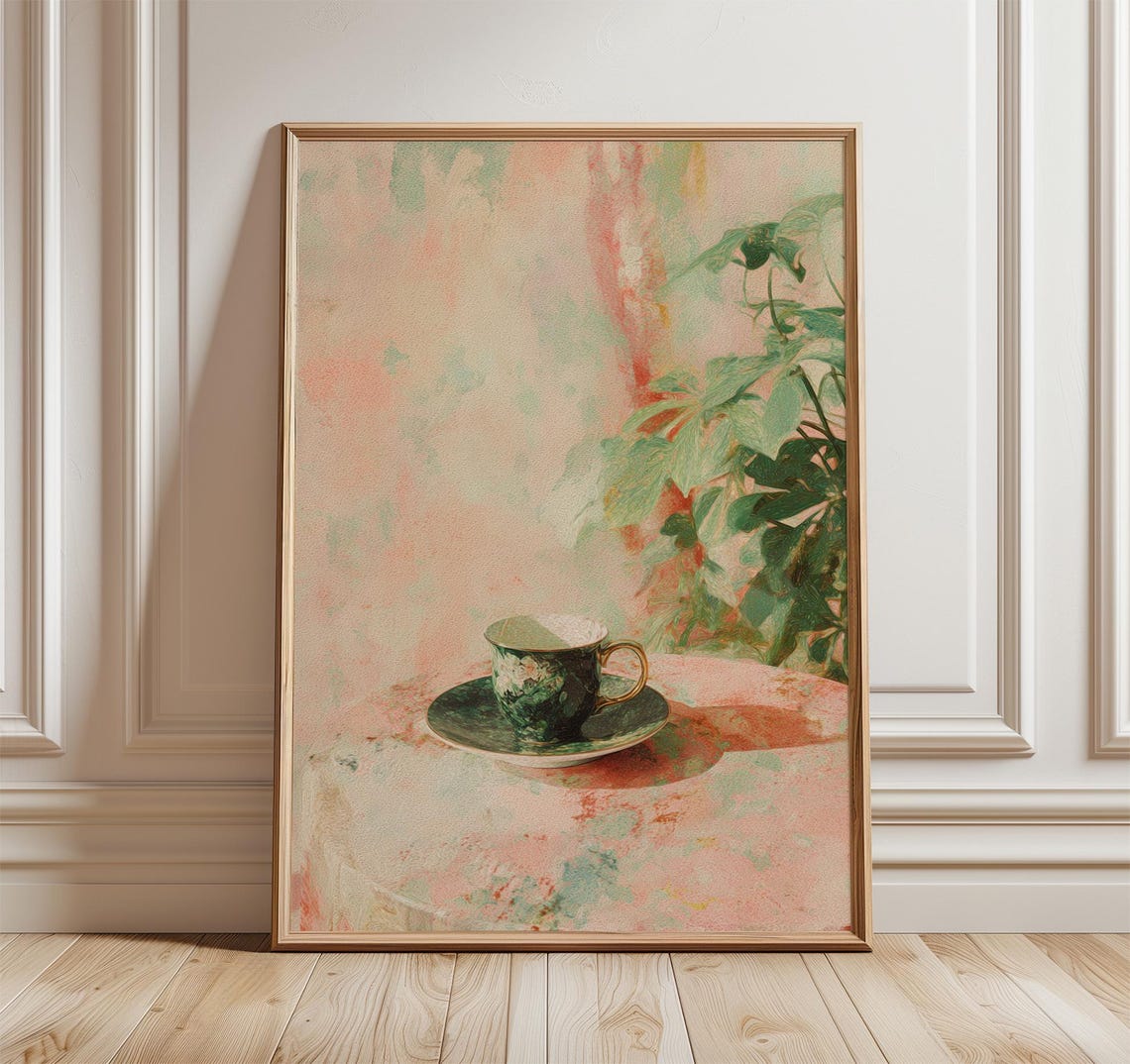 Green Floral Teacup Poster Vintage Kitchen Botanical Decor Art