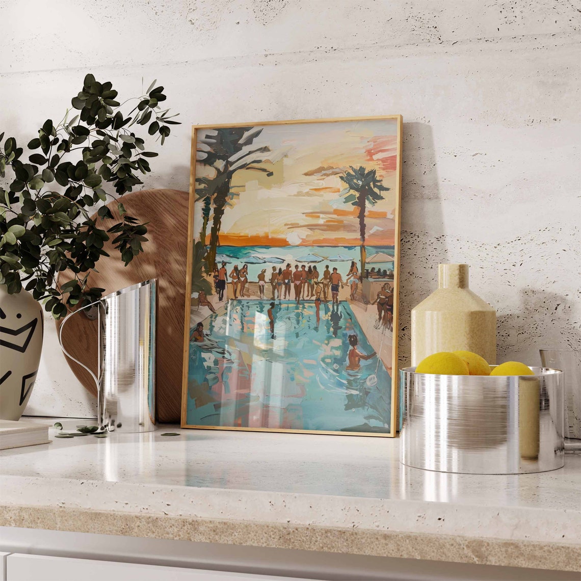 Beach Pool Party Crowd Palm Trees Ocean Sunset Swim Art Poster - Image 2