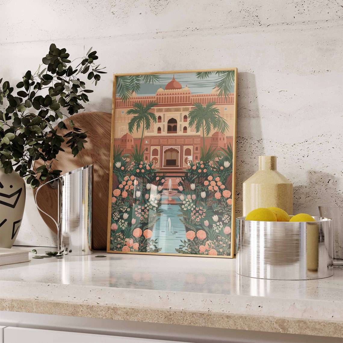 Ornate Indian Palace Rose Garden Fountain Illustration Poster - Image 3