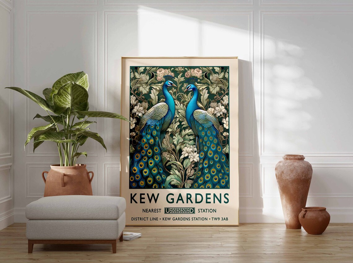 Kew Gardens Twin Peacocks Arts and Crafts Floral Vintage Poster - Image 3