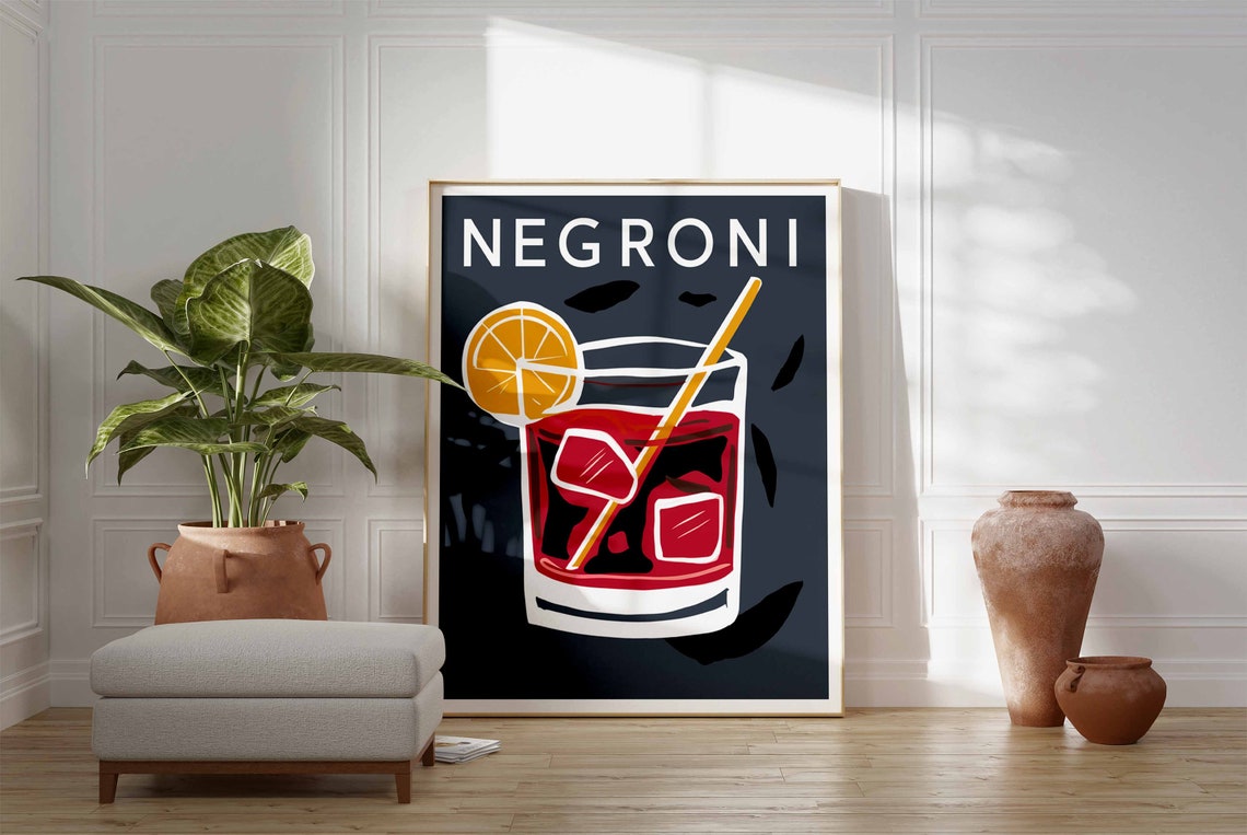 Negroni Cocktail Tall Glass Citrus Navy Modern Bar Decor Wall Art - Image 3