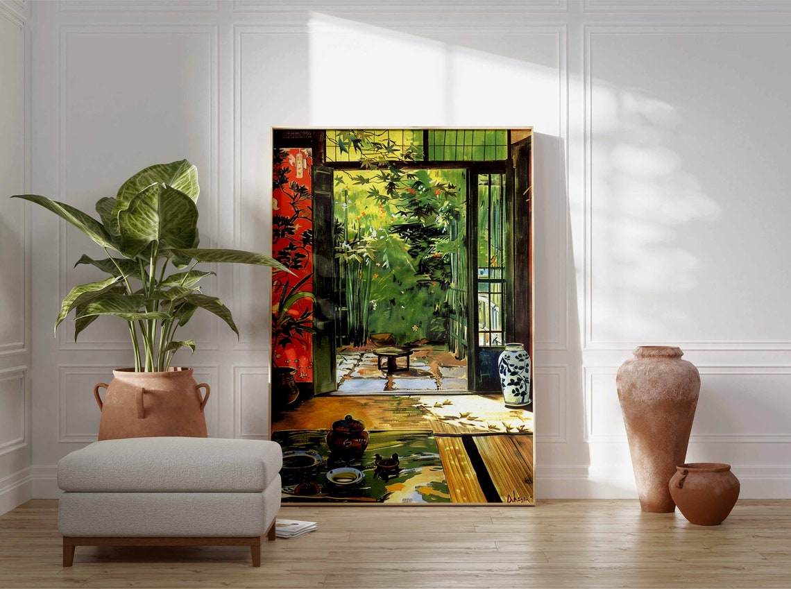 Sunlit Japanese Tea Room Garden View Interior Painting Poster - Image 3