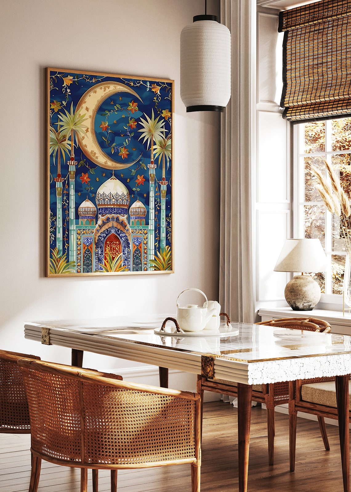 Blue Islamic Floral Mosque Crescent Moon Night Sky Art Poster - Image 2