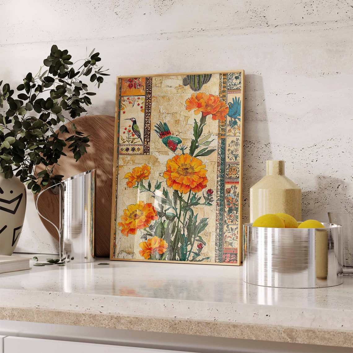 Vibrant Mexican Marigold Flowers with Hummingbirds Art Poster - Image 2