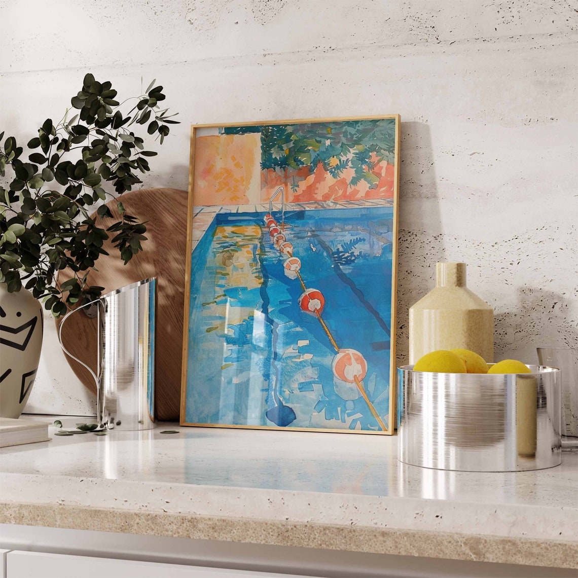 Watercolor Swimming Pool Lane Buoys Sunlit Impressionist Poster - Image 3