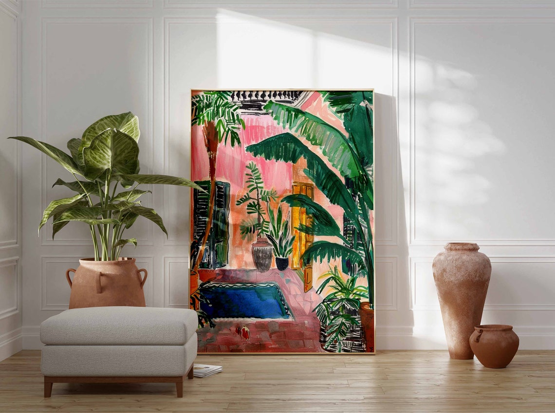 Moroccan Courtyard Pink Wall Palm Trees Blue Tiled Pool Print - Image 2