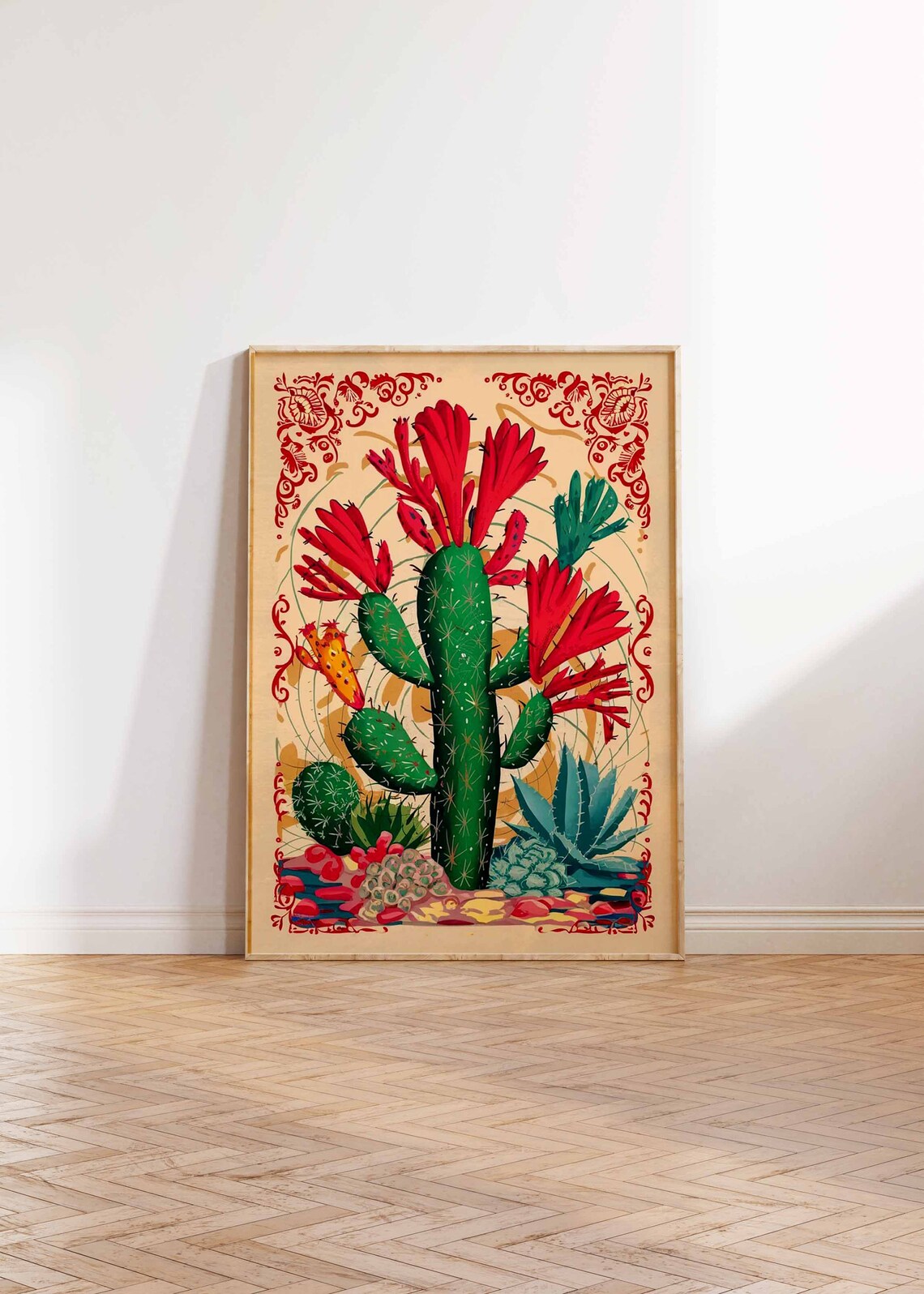 Flowering Cactus Red Trumpet Blooms Folk Botanical Art Poster - Image 3
