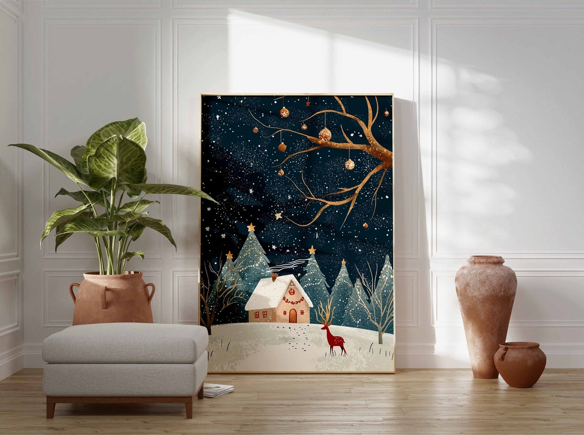 Charming Christmas Cottage With Golden Tree And Red Deer Poster - Image 3