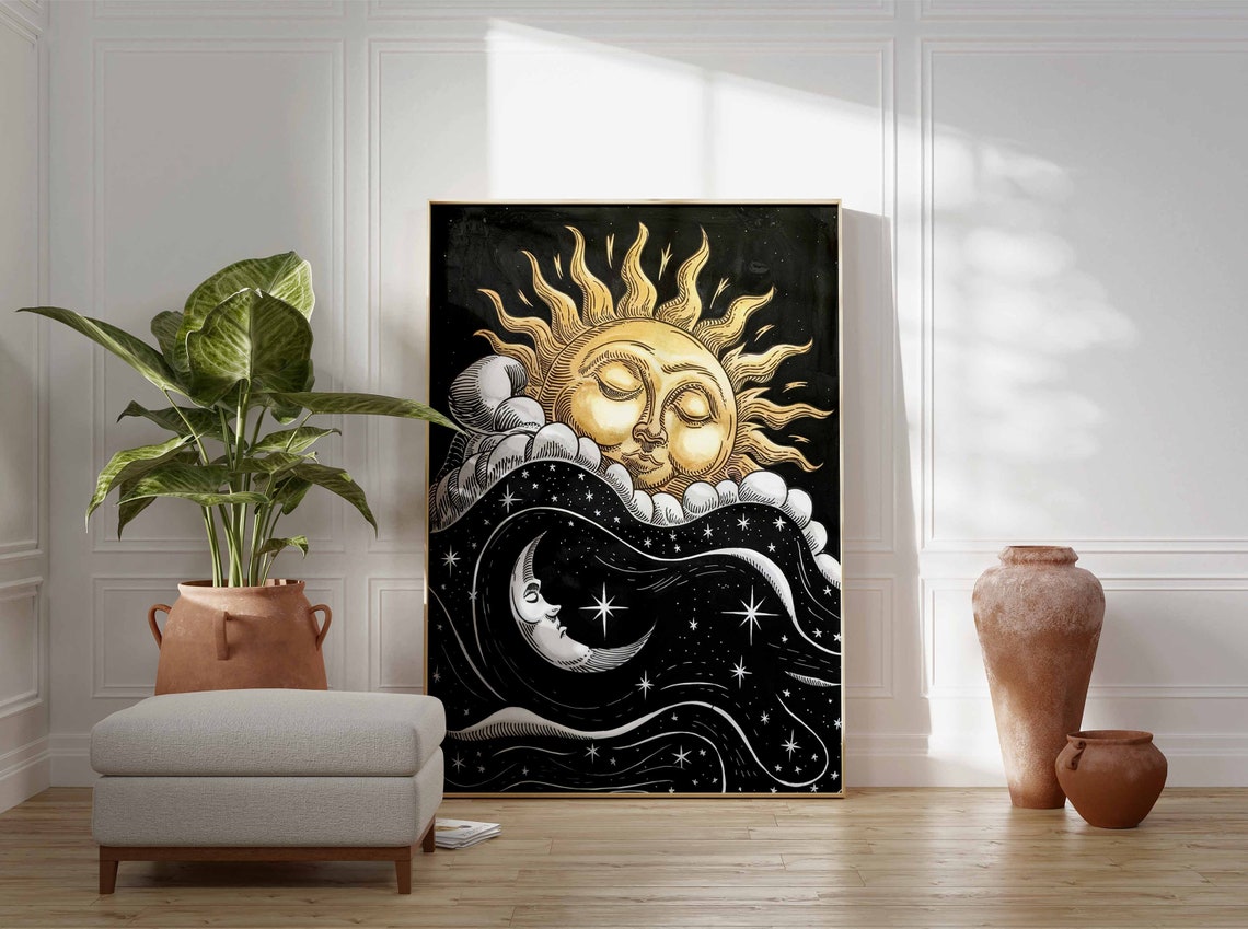 Golden Sun Black Night Waves Moon Celestial Illustration Poster - Image 3