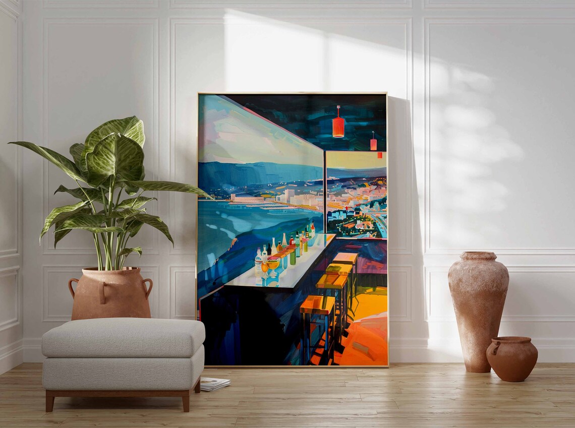 Rooftop Bar Night City Lights Bay View Modern Bar Art Poster - Image 3