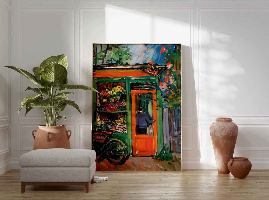 Flower Shop Doorway Bicycle Bouquets Colorful Street Painting Poster - Image 3