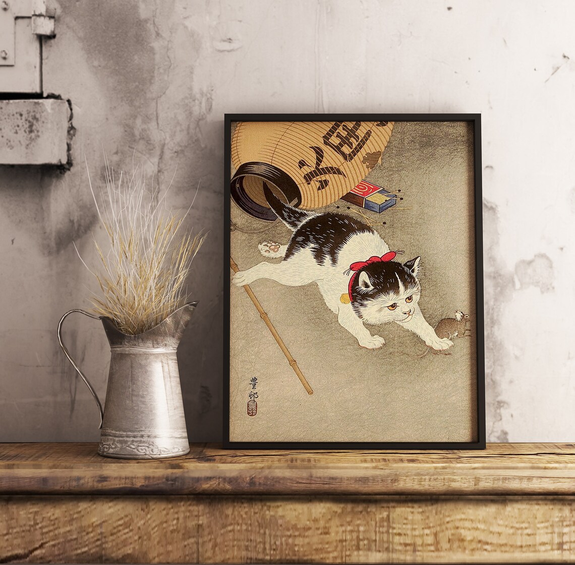 Japanese Cat Chasing Mouse Woodblock Style Vintage Art Poster - Image 2