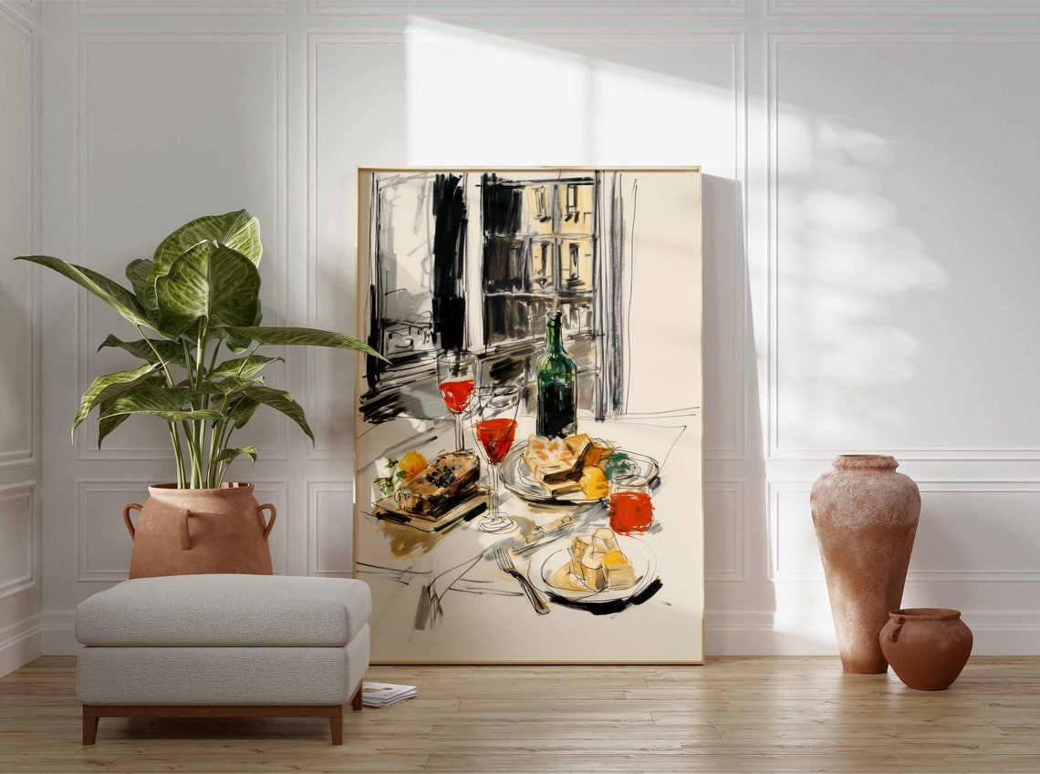Wine Cheese Still Life Sketch Table Bistro Food Kitchen Art Print - Image 3