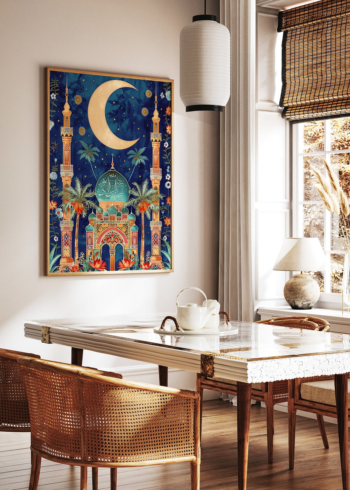 Golden Mosque and Minarets Under Crescent Moon Night Sky Poster - Image 2