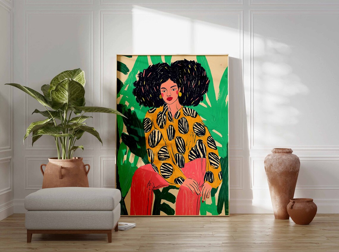 Woman With Afro Mustard Polka Blouse Coral Pants Portrait Poster - Image 2