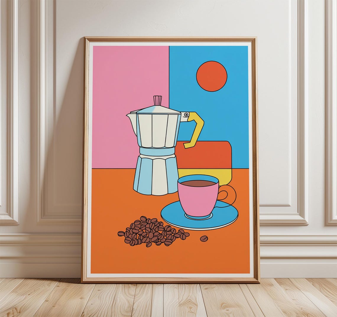Pop Style Moka Pot Coffee Cup Bold Colorful Modern Kitchen Print