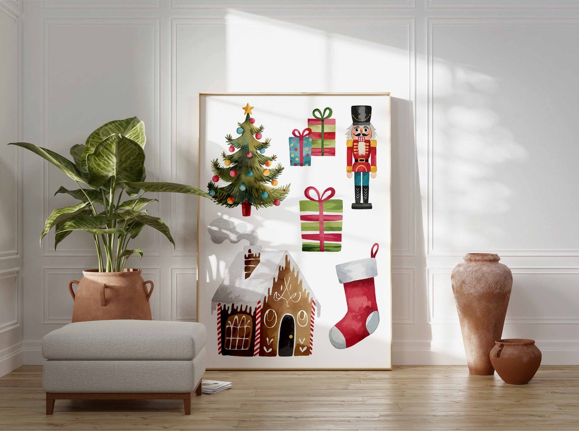 Watercolor Christmas Icons Tree Nutcracker Gingerbread Art Poster - Image 3
