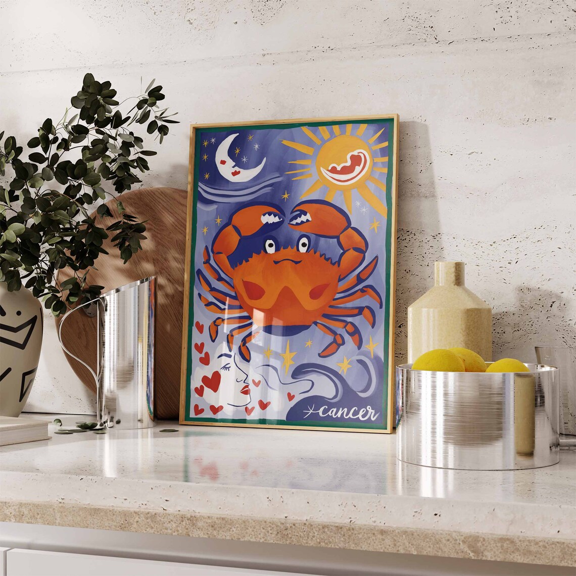 Cancer Zodiac Crab Blue Night Sky Moon Sun Red Hearts Art Poster - Image 3