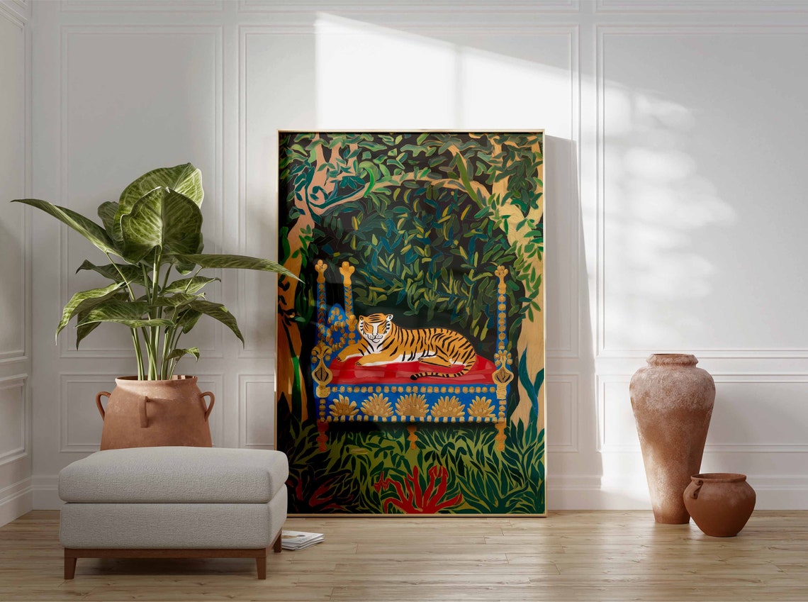 Tiger Resting on Red Throne Bed in Lush Green Jungle Art Poster - Image 3