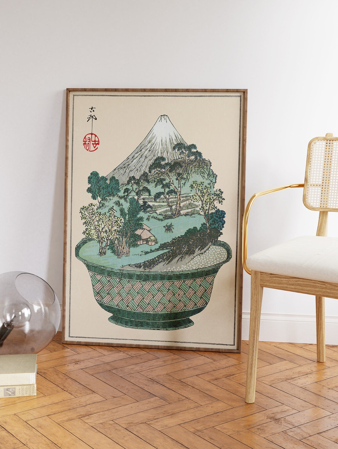 Japanese Woodblock Style Mt Fuji Landscape in a Basket Poster - Image 3