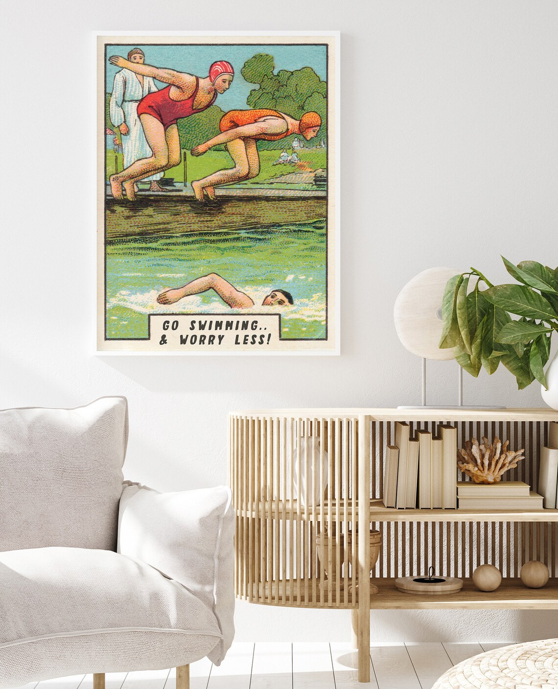 Go Swimming And Worry Less Vintage Swimmers Illustration Poster - Image 2