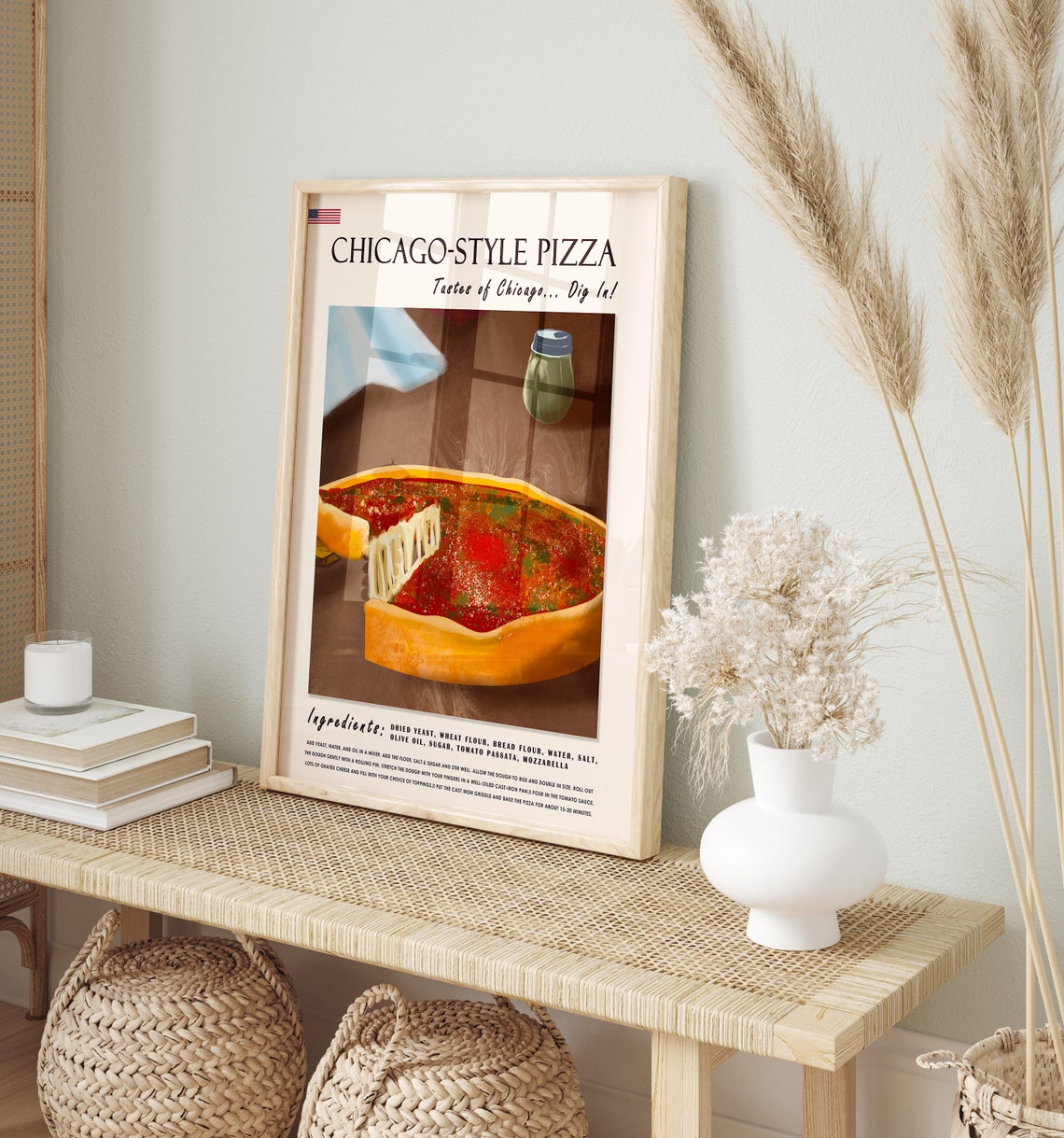 Chicago Style Deep Dish Pizza Recipe Vintage Kitchen Wall Poster - Image 2