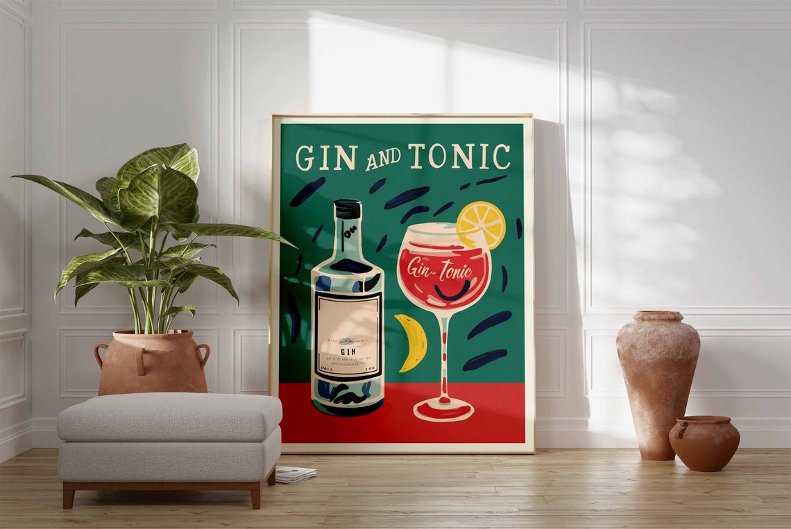 Gin and Tonic Dark Teal Party Confetti Vintage Cocktail Wall Art - Image 3