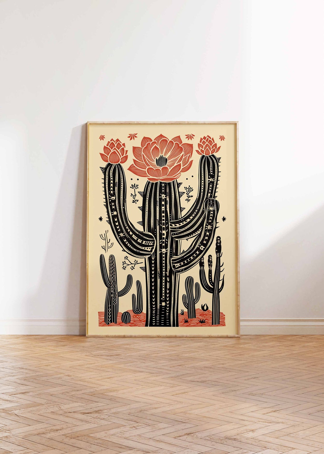 Vintage Mexican Cactus with Flowering Blooms Linocut Art Poster - Image 2