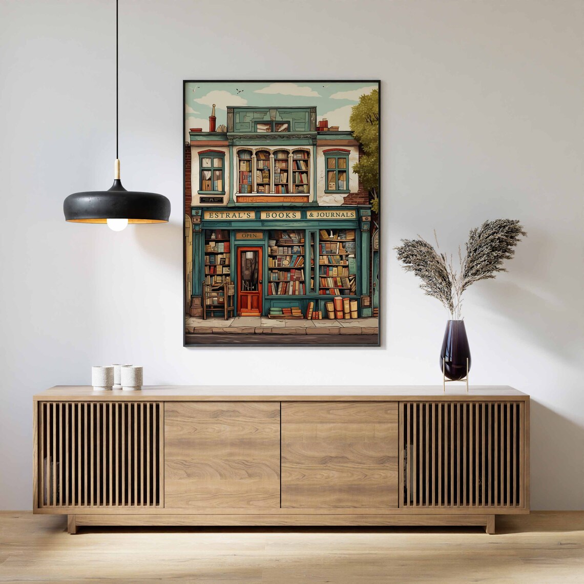 Estral's Books and Journals Vintage Bookstore Storefront Illustration Poster - Image 3