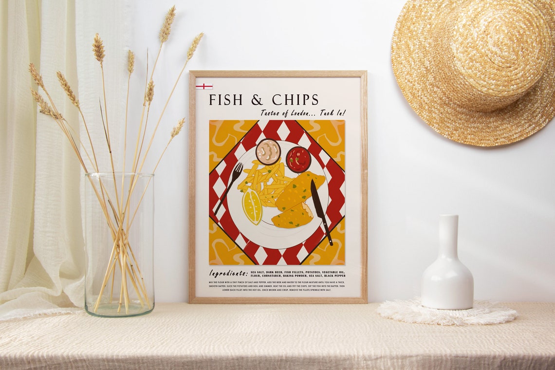 Fish and Chips London Recipe Kitchen Decor Illustration Wall Art - Image 2