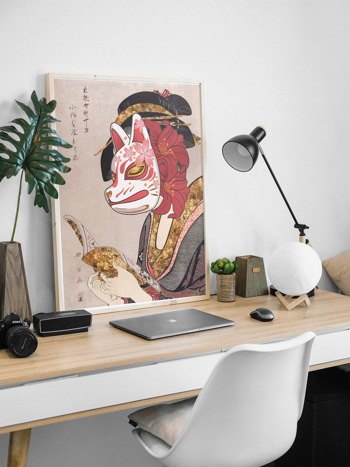 Japanese Kitsune Fox Mask Kimono Woman Gold Leaf Floral Art Poster - Image 2