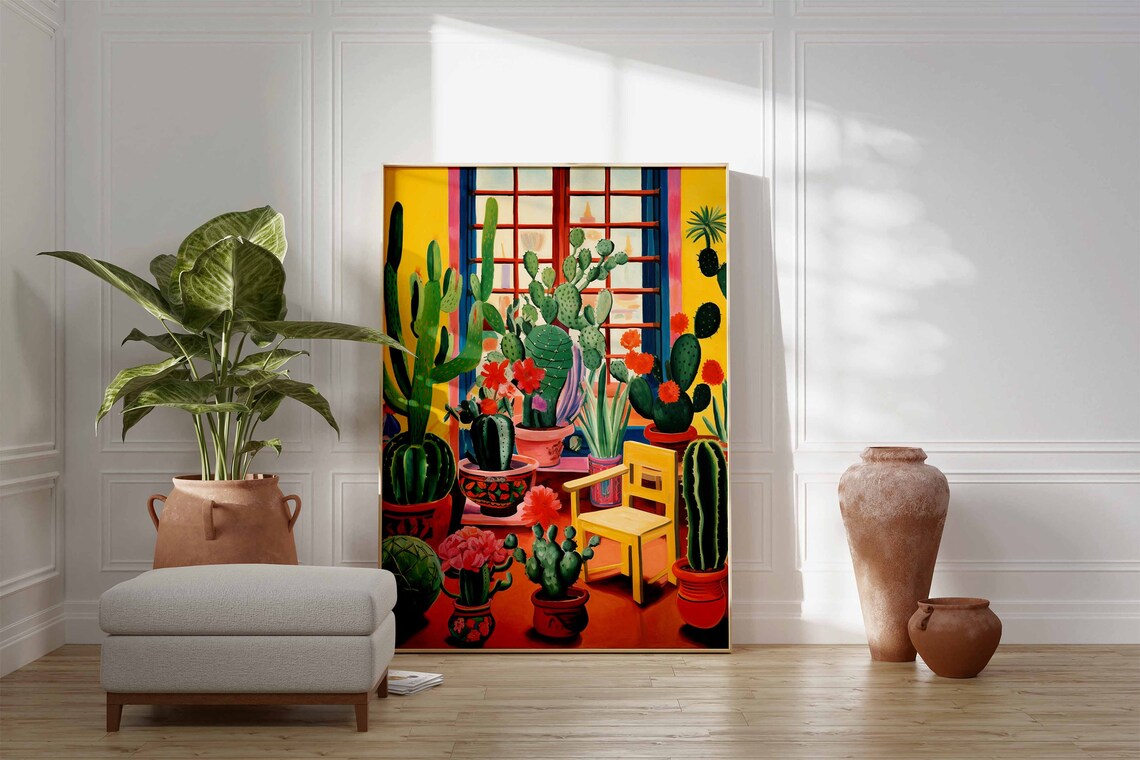 Mexican Cactus Garden Colorful Potted Plants Folk Style Wall Art - Image 3