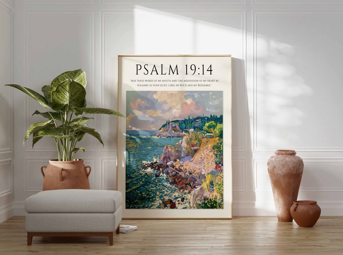 Psalm 19 14 Bible Verse Coastal Impressionist Art Decor Poster - Image 2