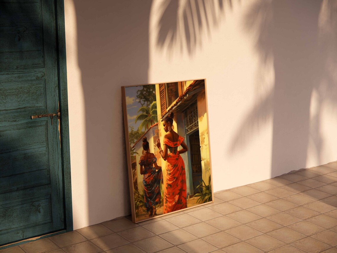 Caribbean Street Two Women Colorful Dresses Painting Travel Poster - Image 2