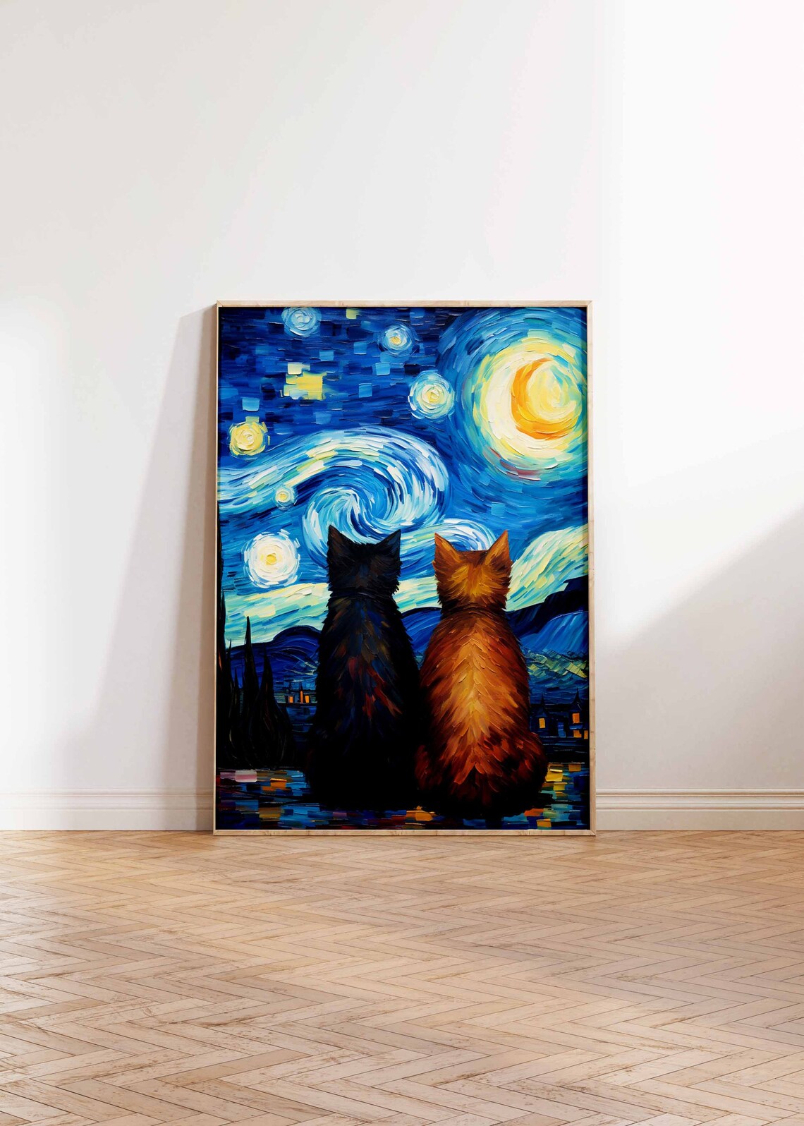 Two Cats Gazing At Starry Night Swirling Sky Animal Art Poster - Image 2