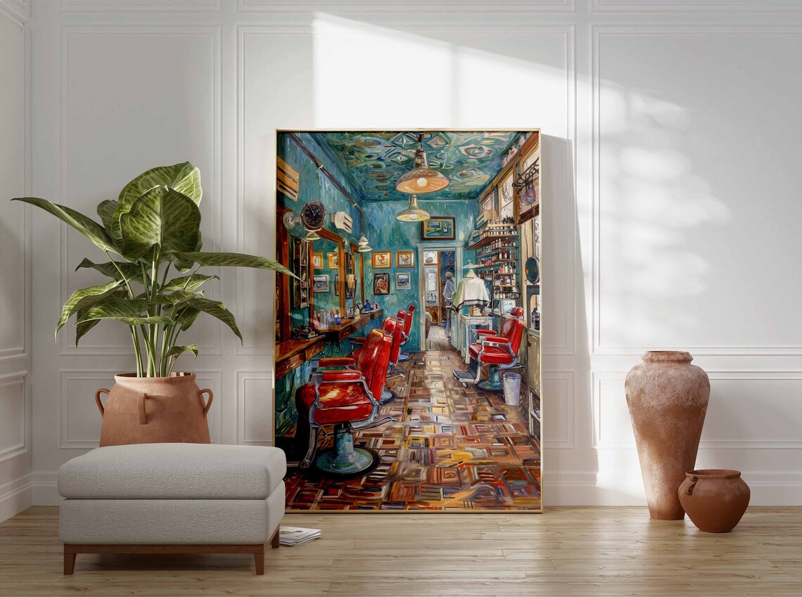 Teal Vintage Barbershop Red Chairs Classic Interior Wall Art - Image 3