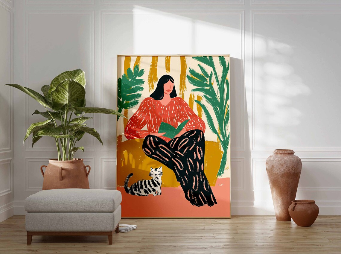 Woman Reading With Striped Cat Mustard Chair Cozy Art Poster - Image 2