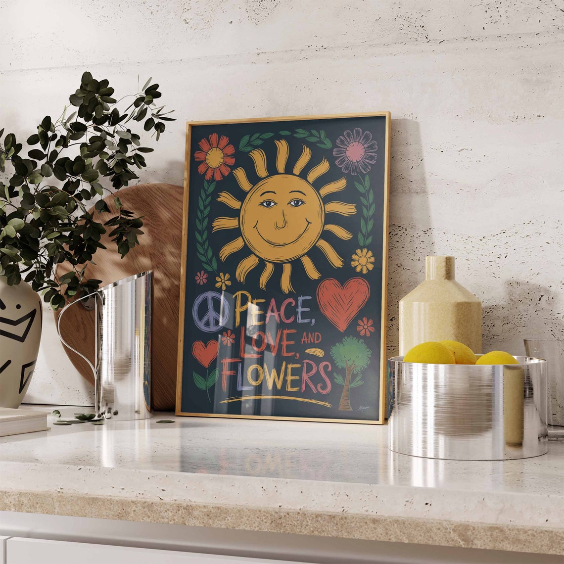 Peace Love and Flowers Retro Chalkboard Hippie Sun Art Poster - Image 3