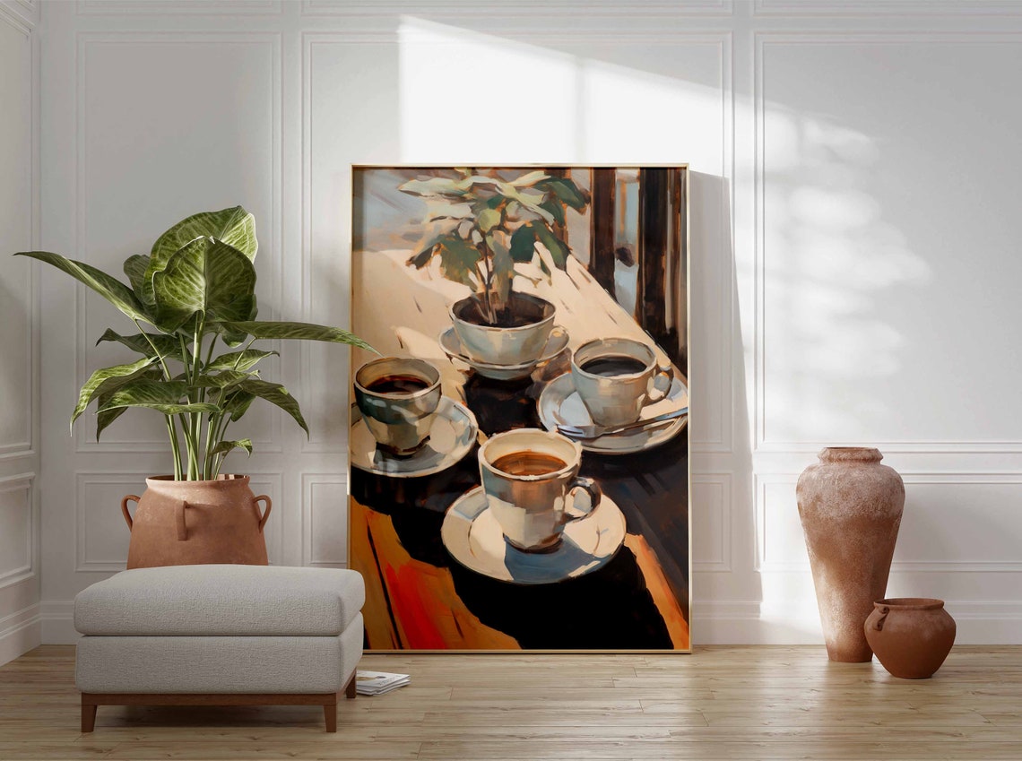 Morning Coffee Cups Sunlit Cozy Cafe Table Painting Art Poster - Image 2