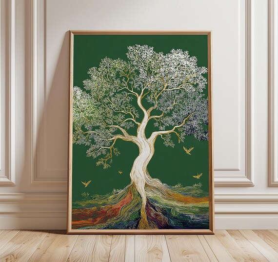Tree Of Life Art Print Symbolic Nature Wall In Green And Gold Modern Botanical Poster Representing Growth Balance Renewal