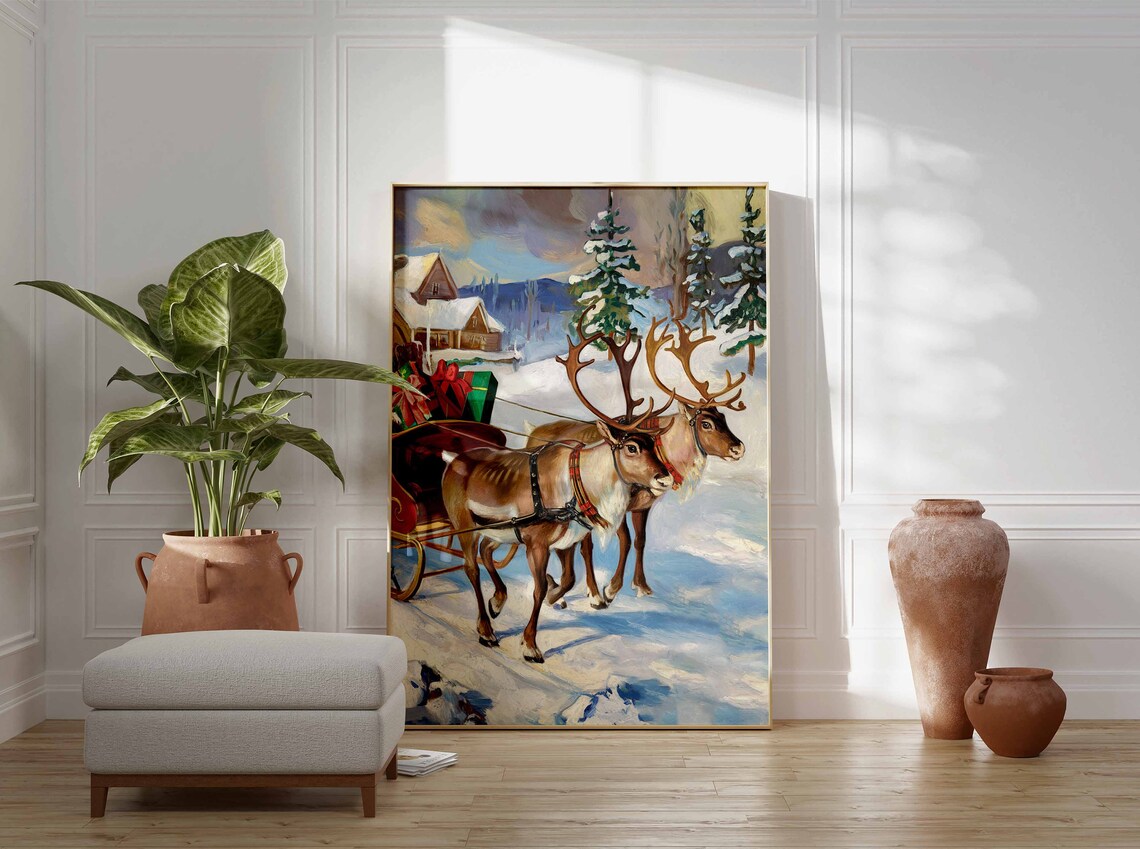 Reindeer Sleigh Gift Ride Snow Oil Painting Christmas Art Poster - Image 3