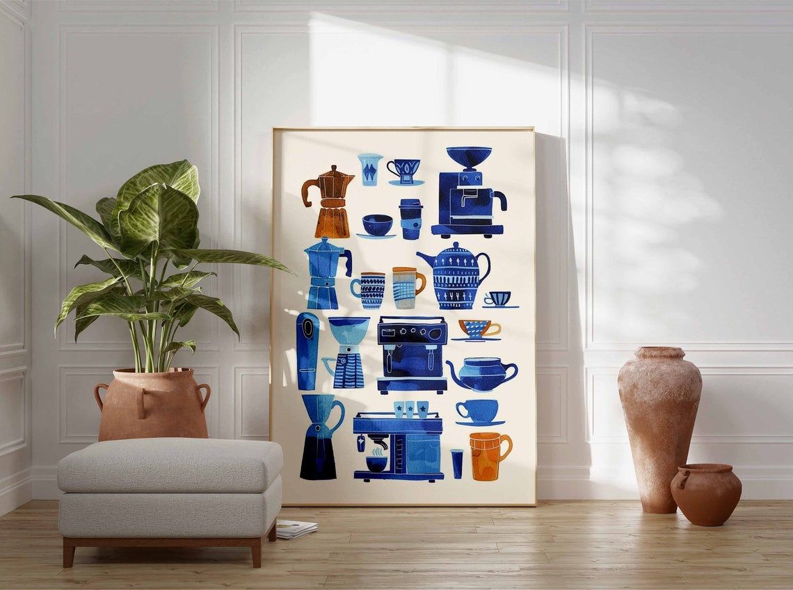 Retro Coffee Maker Moka Pot Chart Blue Watercolor Cafe Poster - Image 2