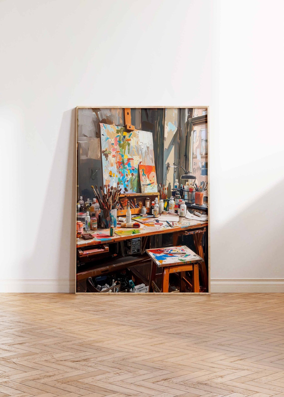 Artist Studio Interior with Easel and Colorful Paint Supplies Poster - Image 2