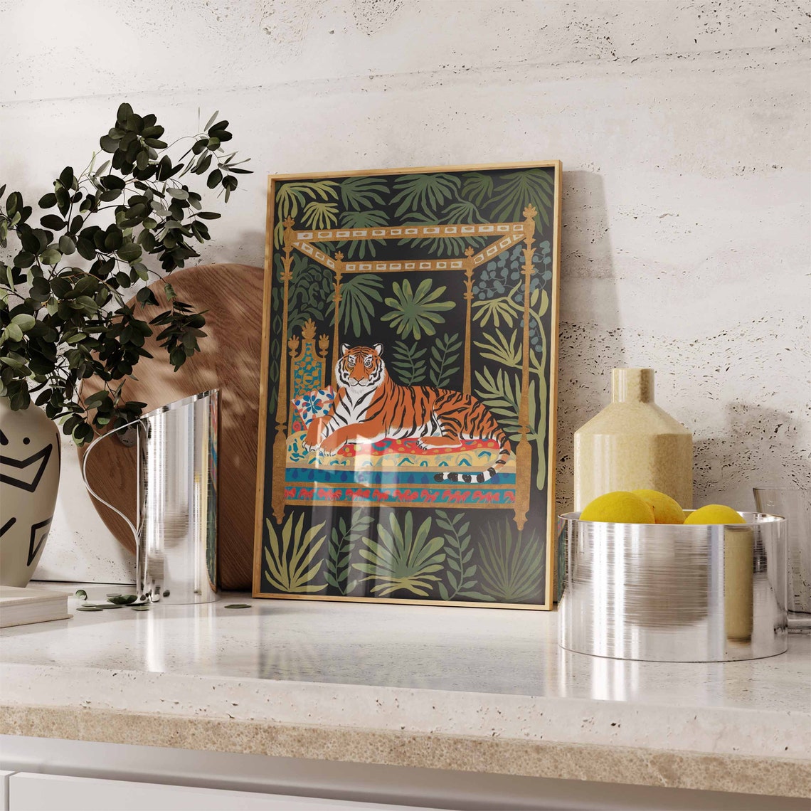 Tiger on Canopy Daybed with Palm Leaves Indian Jungle Poster - Image 2