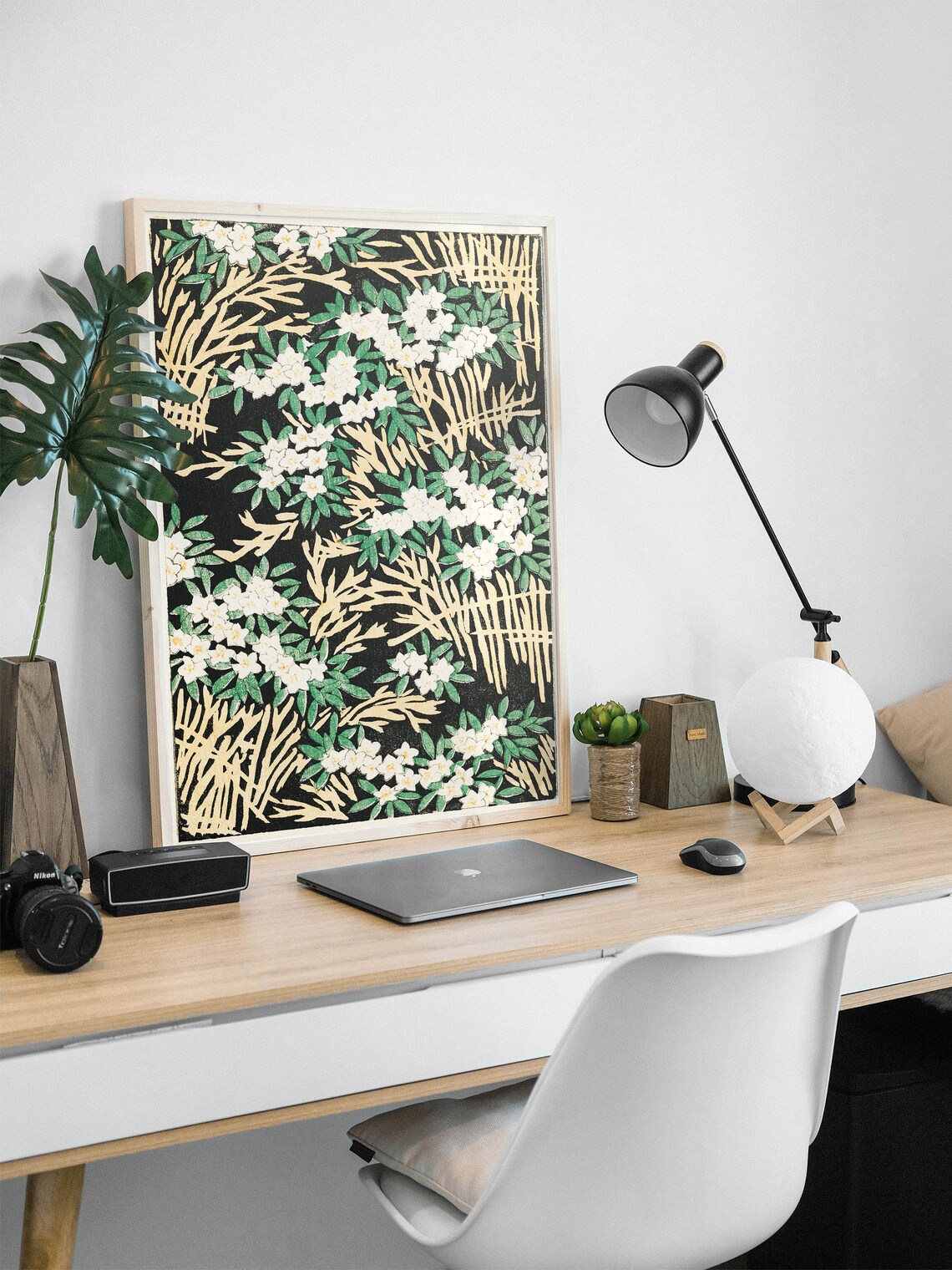 Japanese Woodblock Floral Art White Blossoms and Bamboo Poster - Image 3