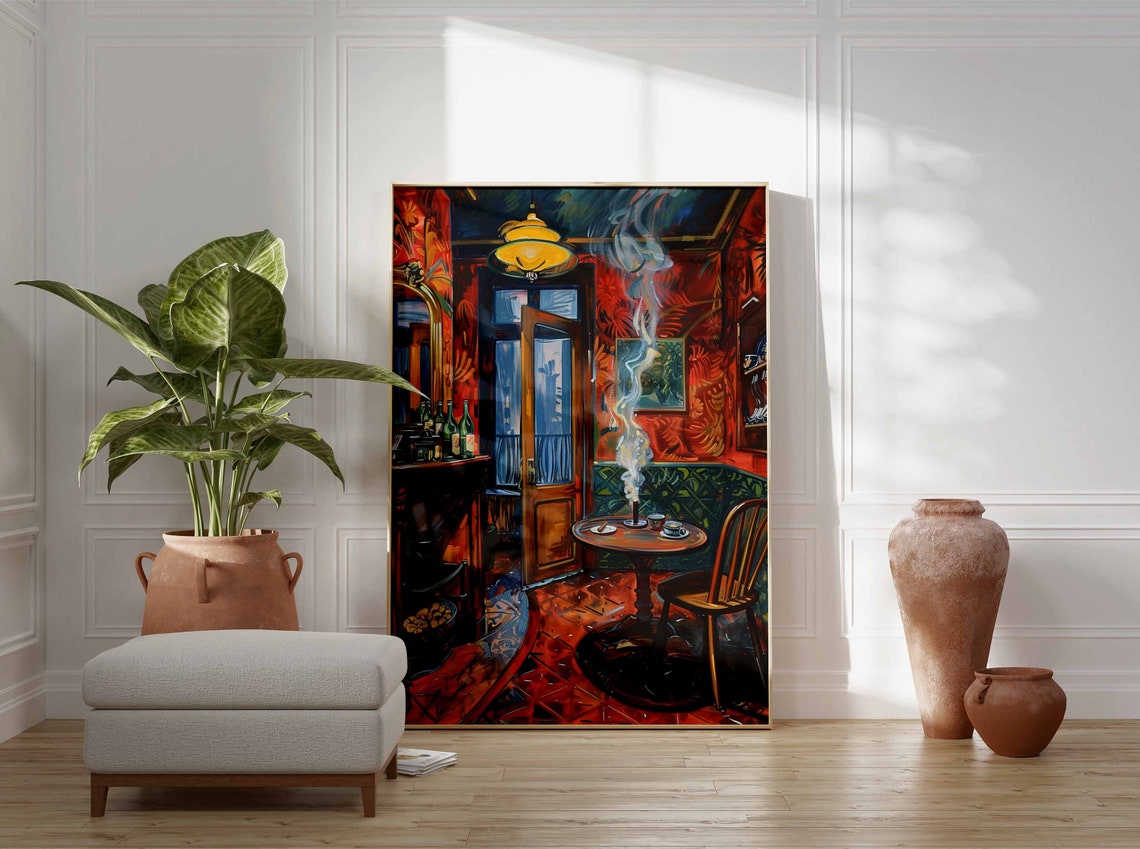 Red Smoke Room Bar Bottles Candle Table Moody Cigar Art Poster - Image 3