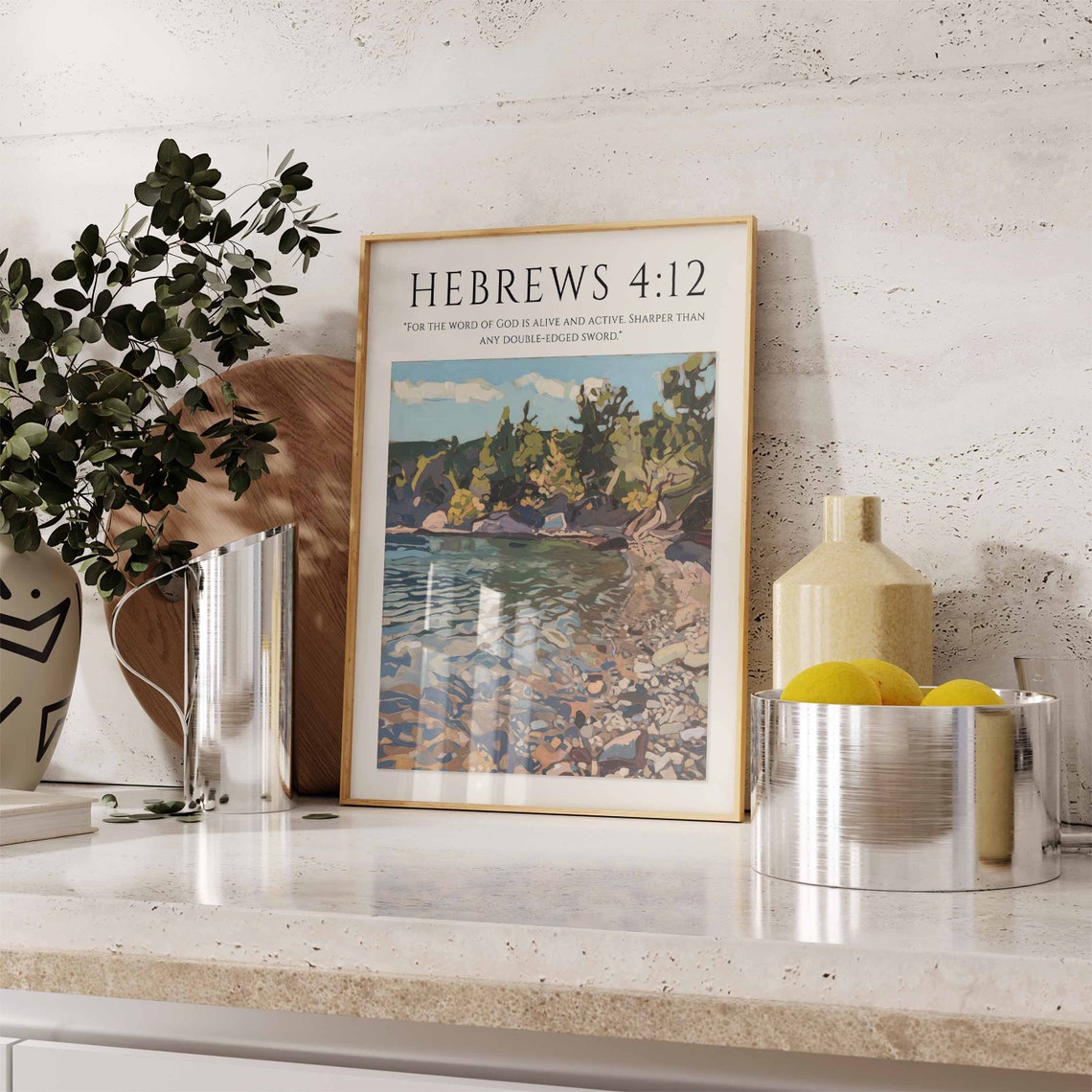 Hebrews 4:12 Bible Verse Wooded Lake Shore Scripture Art Print - Image 3