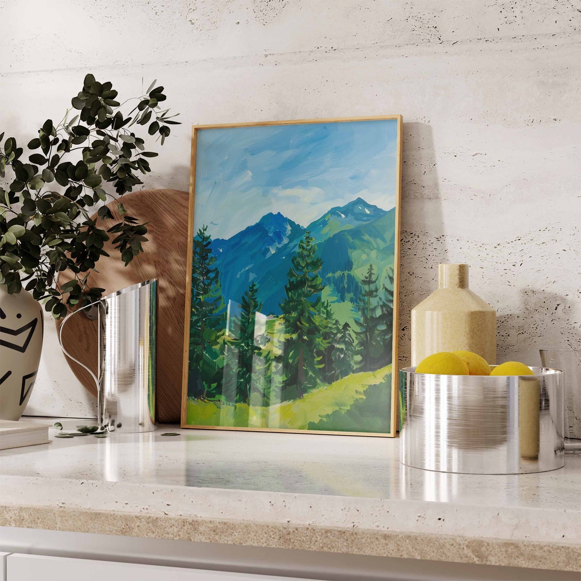 Sunny Alpine Meadow Evergreen Mountain Landscape Nature Art Print - Image 2