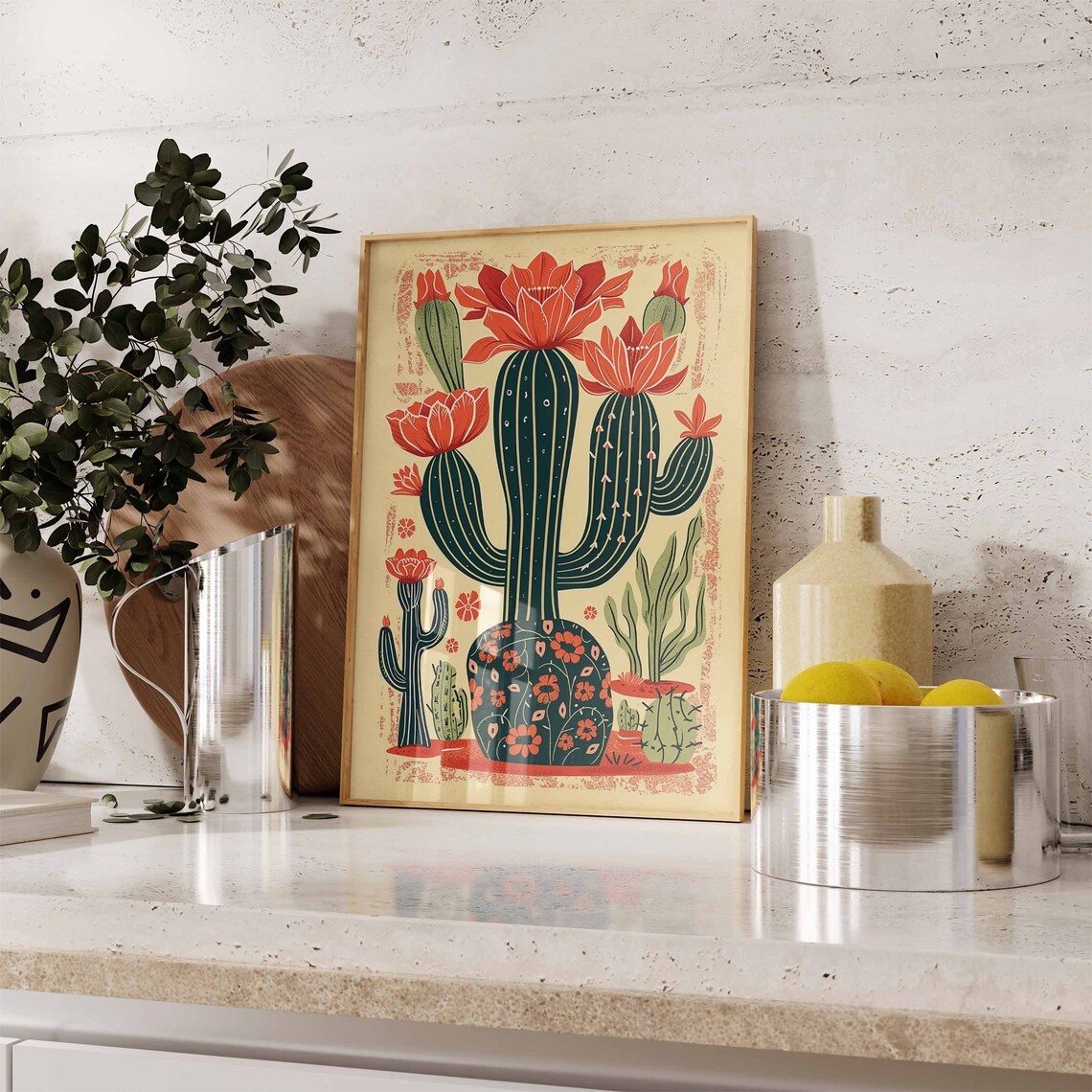 Saguaro Cactus With Orange Blooms Vintage Botanical Art Poster - Image 2